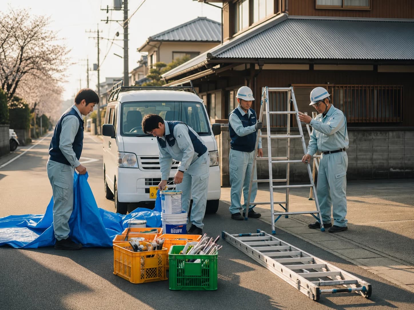 施工前の準備を行う塗装職人チーム