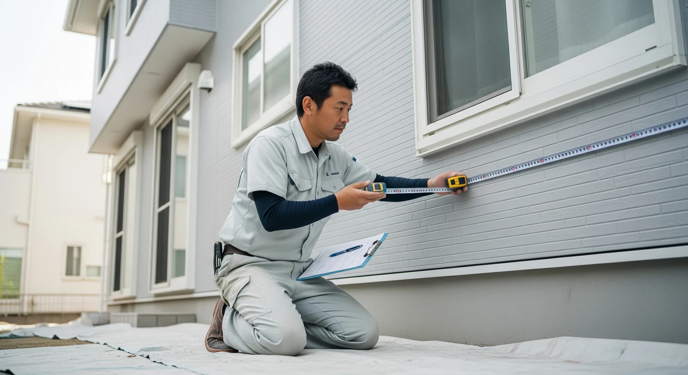 住宅の外壁を実測する職人