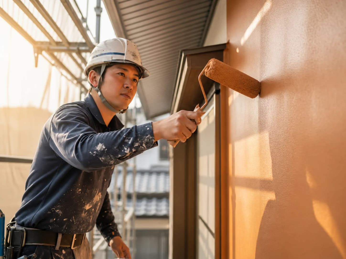 外壁に塗料を塗る職人